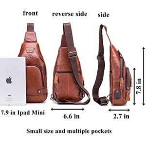 BULLCAPTAIN Men Crossbody Bag with USB Charging Port Genuine Leather Shoulder Sling Chest Bag Travel Hiking Backpack (Brown)