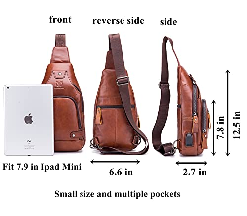 BULLCAPTAIN Men Crossbody Bag with USB Charging Port Genuine Leather Shoulder Sling Chest Bag Travel Hiking Backpack (Brown)