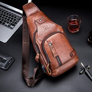 BULLCAPTAIN Men Crossbody Bag with USB Charging Port Genuine Leather Shoulder Sling Chest Bag Travel Hiking Backpack (Brown)