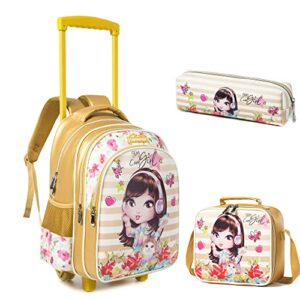 mohco rolling backpack cute 16 inch set 3 in 1 with lunch bag and pencil case for girls (yellow)