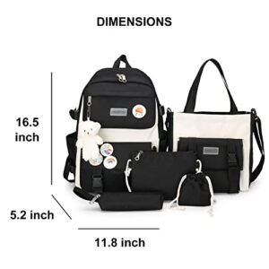 AONUOWE 5pcs Aesthetic Backpack Set for School Teens Girls Daypack Cute Trendy Large Capacity Preppy Shoulder Bag (Black)