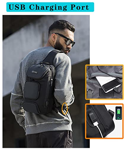 SMONT Sling Bag Crossbody Backpack Waterproof Men's Chest Bag with USB Charging Port Shoulder Casual Daypack for Cycling Fitness Walking