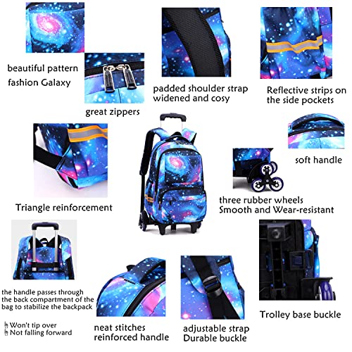 Rolling Backpack for Boys Girls Galaxy-prints Student Bookbags Kids' Carry-Ons Luggage Travel Trolley Bags for School