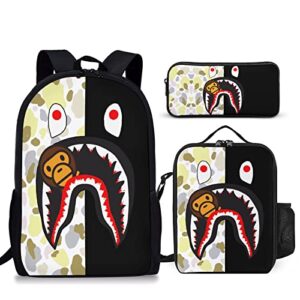 3 pcs shark adjustable shoulder straps backpack cartoon lunch bag camo large capacity stationery bag suitable for climbing travel
