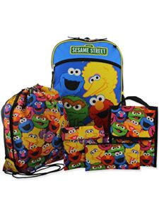sesame street boys girls 5 piece backpack lunch bag and snack bag school set (one size, blue/multi)