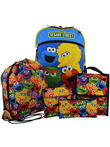 Sesame Street Boys Girls 5 piece Backpack Lunch Bag and Snack Bag School Set (One Size, Blue/Multi)