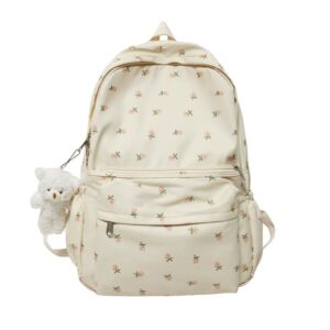 zhhuiz kawaii backpack flower backpack with bear pendant, aesthetic school bag bookbag japanese ita bags cute daypack (white), one size