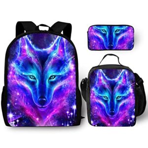 galaxy wolf school backpack set 3 pieces lightweight teen/boys/girls bookbags insulated lunch bag pencil case