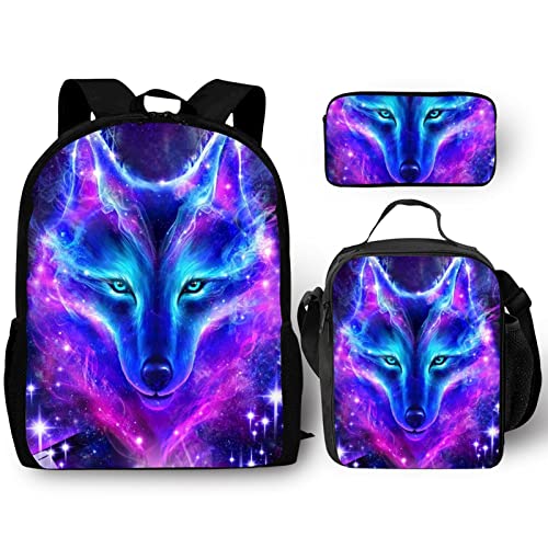 Galaxy Wolf School Backpack Set 3 Pieces Lightweight Teen/Boys/Girls Bookbags Insulated Lunch Bag Pencil Case