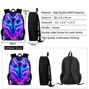 Galaxy Wolf School Backpack Set 3 Pieces Lightweight Teen/Boys/Girls Bookbags Insulated Lunch Bag Pencil Case
