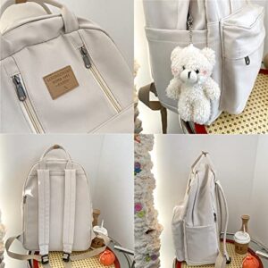 Preppy Backpack with Plushies Cute Vintage Backpack for School Girls Light Academia Bookbags Preppy Aesthetic Backpack (Beige)
