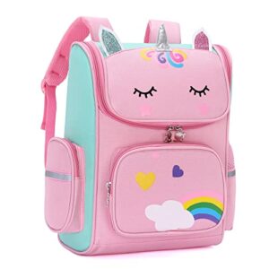 15 inch Cute Unicorn School Backpack for Girls, Lightweight Kids School Bag BookBags Elementary Primary with Chest Straps (Pink)