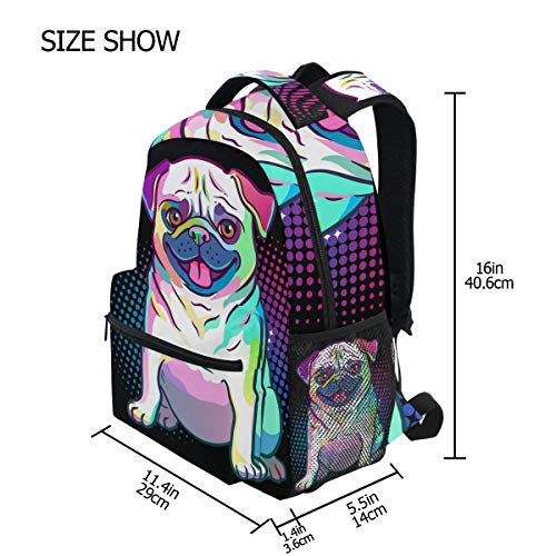 School Backpack Pug Dog Pop Art Style Teens Girls Boys Schoolbag Travel Bag