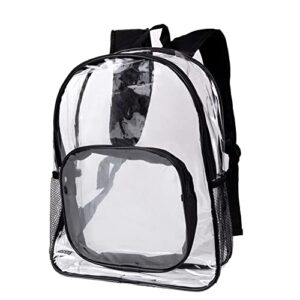 clear backpack with front pocket – stadium approved durable heavy duty pvc with reinforced strap transparent for school, work or stadium events (black)