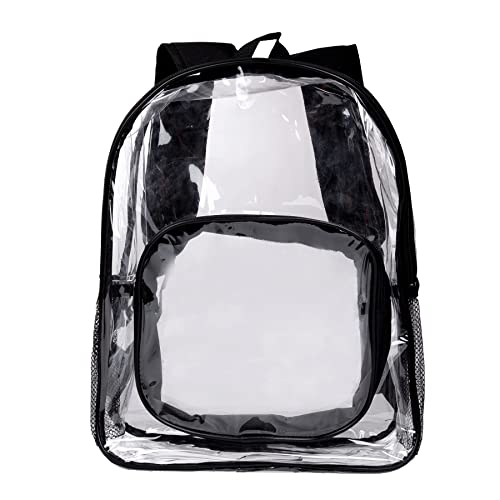 Clear Backpack With Front Pocket - Stadium Approved Durable Heavy Duty PVC With Reinforced Strap Transparent For School, Work or Stadium Events (black)