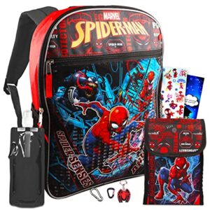 marvel studio spiderman backpack and lunch box set – 16” spiderman backpack for boys 8-12 bundle with spiderman lunch box for boys 8-12, water bottle, more