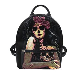 fashion women’s mini backpack purse cool cartoon skull printed pu leather rucksack