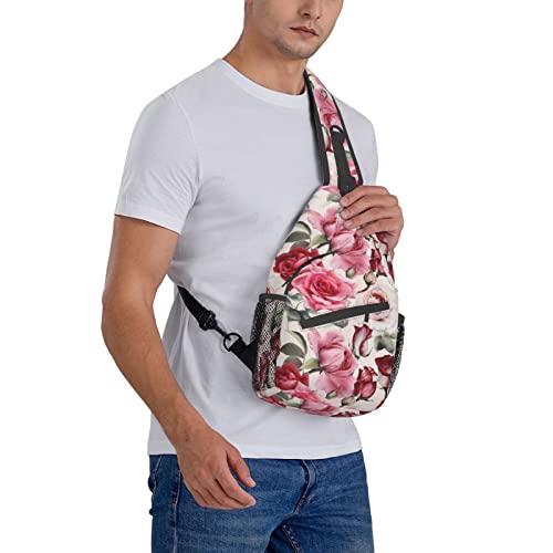 SUPLUCHOM Sling Bag Red Rose Watercolor Floral Hiking Daypack Crossbody Shoulder Backpack Travel Chest Pack for Men Women