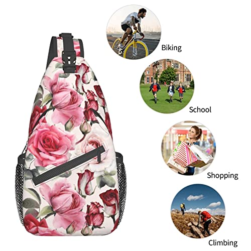 SUPLUCHOM Sling Bag Red Rose Watercolor Floral Hiking Daypack Crossbody Shoulder Backpack Travel Chest Pack for Men Women