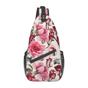 SUPLUCHOM Sling Bag Red Rose Watercolor Floral Hiking Daypack Crossbody Shoulder Backpack Travel Chest Pack for Men Women