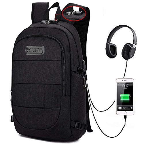 Travel Laptop Backpack,Anti Theft College School Bookbag with USB Charging Port & Headphone Interface for Women Men,Business Water Proof Computer Bag Fits Under 15.6 Inches Laptops（Black）