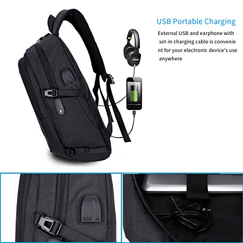 Travel Laptop Backpack,Anti Theft College School Bookbag with USB Charging Port & Headphone Interface for Women Men,Business Water Proof Computer Bag Fits Under 15.6 Inches Laptops（Black）