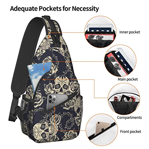 Skull Rose Sling Bag Crossbody Travel Hiking Chest Backpack Shoulder Daypack for Women Men