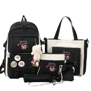 huihsvha 5 pcs kawaii backpack set for teens girls, aesthetic school laptop bag shoulder bag canvas daypack with bear pendant