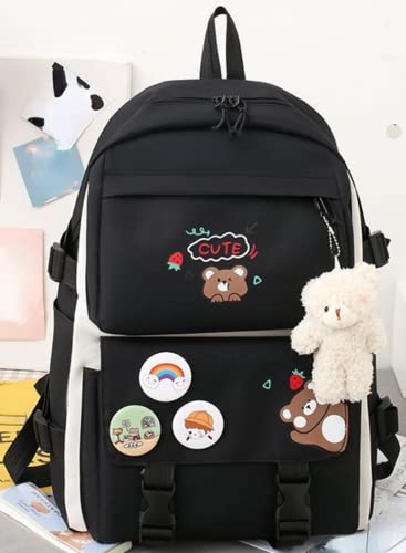 HUIHSVHA 5 PCS Kawaii Backpack Set for Teens Girls, Aesthetic School Laptop Bag Shoulder Bag Canvas Daypack with Bear Pendant