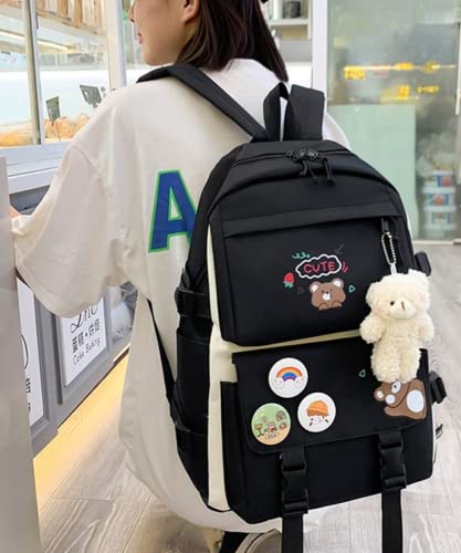 HUIHSVHA 5 PCS Kawaii Backpack Set for Teens Girls, Aesthetic School Laptop Bag Shoulder Bag Canvas Daypack with Bear Pendant