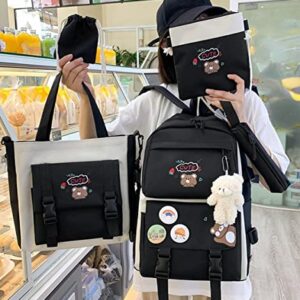 HUIHSVHA 5 PCS Kawaii Backpack Set for Teens Girls, Aesthetic School Laptop Bag Shoulder Bag Canvas Daypack with Bear Pendant
