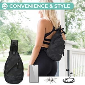 Sling Backpack for Women - Small Crossbody Bags Perfect for Hiking, Walking, & Travel (Black Camo)