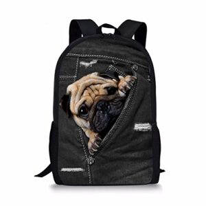 thikin pocket pug printed school backpack for boys girls school book bags