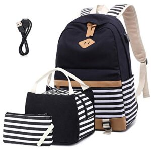meisohua girls canvas school backpack set teen girls backpack with lunch bag college laptop backpack with usb (3 in 1 black set)