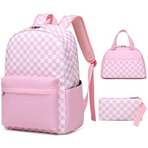 sunborls teen girls large capacity bookbags backpack with lunch box and pencil case 3pcs back to school backpacks gift（plaid pink）