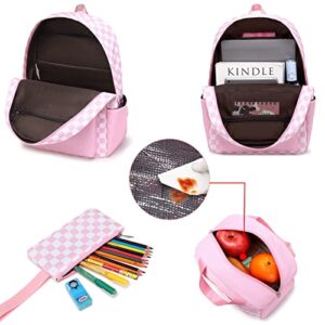 Sunborls Teen Girls Large Capacity Bookbags Backpack with Lunch Box and Pencil Case 3pcs Back To School Backpacks Gift（Plaid Pink）