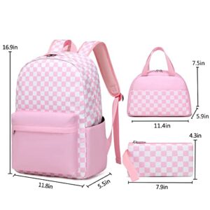 Sunborls Teen Girls Large Capacity Bookbags Backpack with Lunch Box and Pencil Case 3pcs Back To School Backpacks Gift（Plaid Pink）
