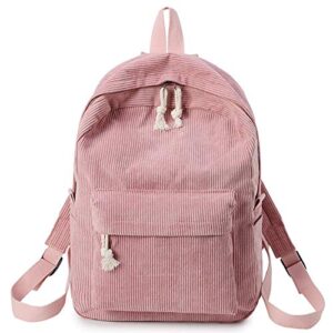 corduroy knapsack casual backpack unisex classic campus portable ultra soft handbag (pink)