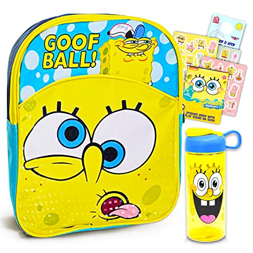 Nick Shop Spongebob Squarepants Mini Backpack and Water Bottle Set-11inch Spongebob Backpack with Spongebob Water Bottle, and More (Spongebob School Supplies Bundle)