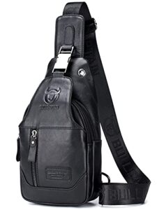 bullcaptain genuine leather men sling crossbody bag chest bags travel hiking shoulder backpack (black)