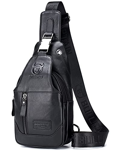 BULLCAPTAIN Genuine Leather Men Sling Crossbody Bag Chest Bags Travel Hiking Shoulder Backpack (Black)