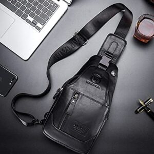 BULLCAPTAIN Genuine Leather Men Sling Crossbody Bag Chest Bags Travel Hiking Shoulder Backpack (Black)