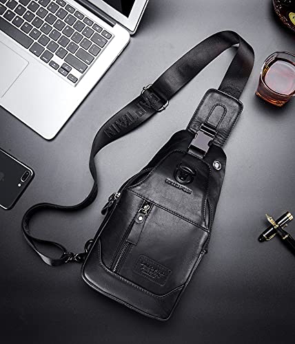 BULLCAPTAIN Genuine Leather Men Sling Crossbody Bag Chest Bags Travel Hiking Shoulder Backpack (Black)