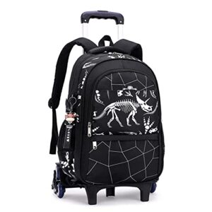 cusalboy school bags boy oxford cloth vacation backpack travel bag luggage trolley case with six wheels and dinosaur pattern (black 1)