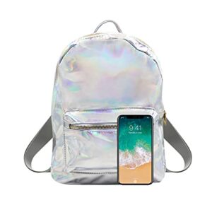 MOSSTYUS Small Holographic Backpack Rainbow Shoulder Bag Metallic Satchel Shiny Travel Daypack for Women Men Lady