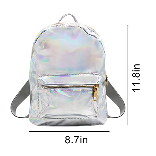 MOSSTYUS Small Holographic Backpack Rainbow Shoulder Bag Metallic Satchel Shiny Travel Daypack for Women Men Lady