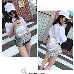 MOSSTYUS Small Holographic Backpack Rainbow Shoulder Bag Metallic Satchel Shiny Travel Daypack for Women Men Lady