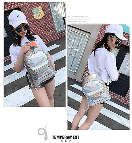 MOSSTYUS Small Holographic Backpack Rainbow Shoulder Bag Metallic Satchel Shiny Travel Daypack for Women Men Lady