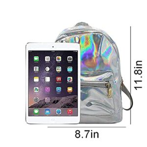 MOSSTYUS Small Holographic Backpack Rainbow Shoulder Bag Metallic Satchel Shiny Travel Daypack for Women Men Lady