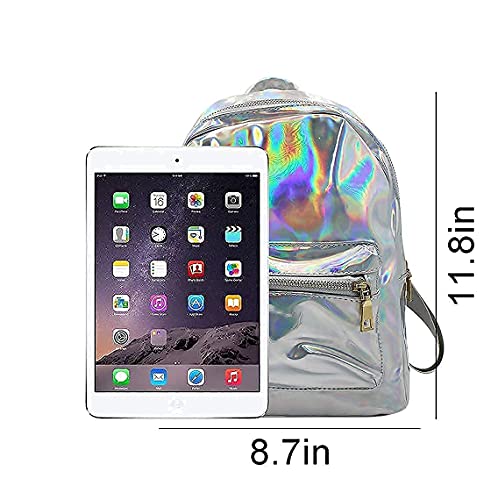 MOSSTYUS Small Holographic Backpack Rainbow Shoulder Bag Metallic Satchel Shiny Travel Daypack for Women Men Lady